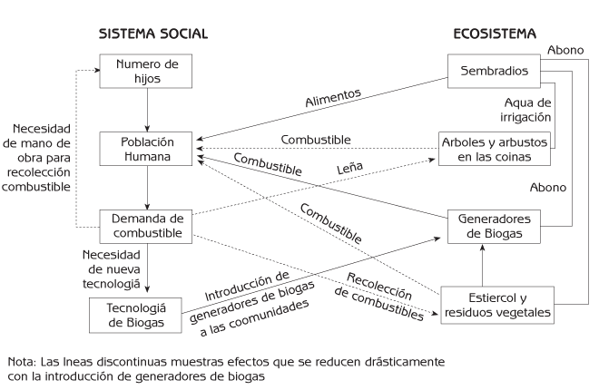 Figura 1.5 Cadena de efectos a través del sistema social y el ecosistema al introducir generadores de biogás a las aldeas.