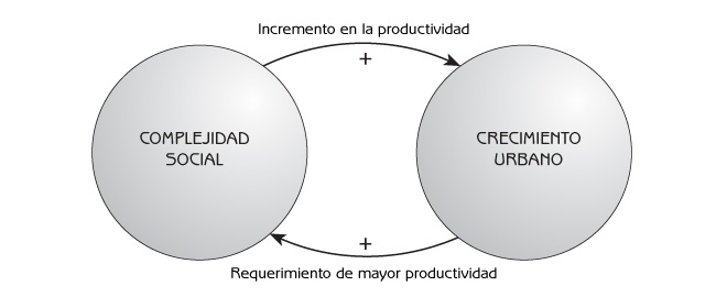 Figura 10.4 – Circuito de retroalimentación positiva entre la complejidad social y el crecimiento urbano de las ciudades.