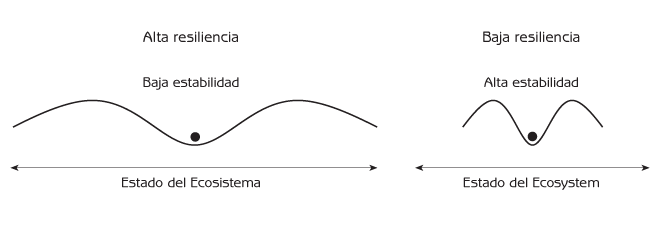 Figura 11.3 Diagramas de dominios de estabilidad comparando alta y baja resiliencia.