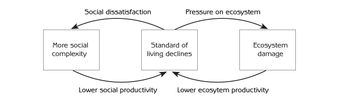 Figure 10.6 - Positive feedback loops for the dissolution phase in the rise and fall of complex societies