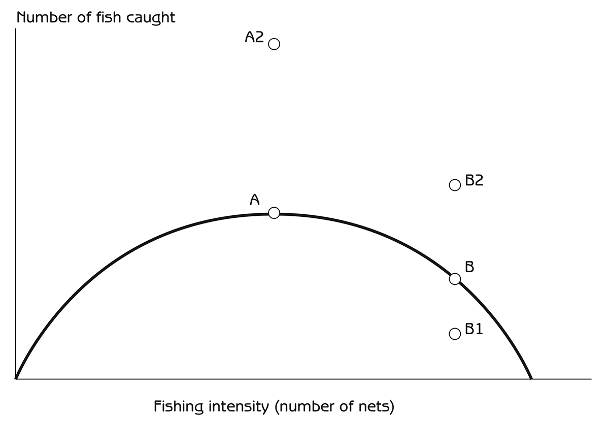 Figure 10.3 - The response of fish catches to fishing intensity as an example of tragedy of the commons A All fishermen use fewer nets to achieve a high sustainable catch. B All fishermen use more nets. Everyone catches less because overfishing reduces the fish population. A2 One fisherman uses twice as many nets when all the other fishermen use fewer nets for a high sustainable catch. B1 One fisherman uses fewer nets when other fishermen are overfishing. B2 One fisherman uses twice as many nets as fishermen who are overfishing.