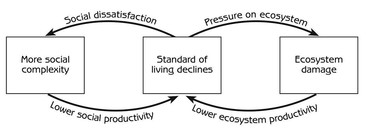 Figure 10.6 - Positive feedback loops for the dissolution phase in the rise and fall of complex societies
