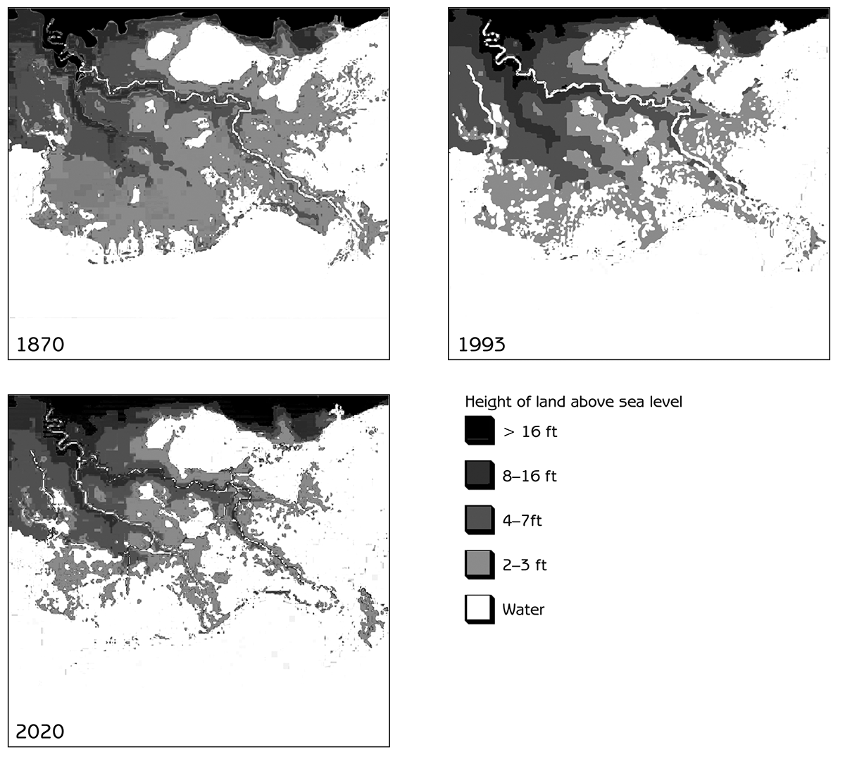 Figure 12.4 - Change in topography of Barataria- Terrebonne estuary during the past 130 years and projected 20 years into the future by a computer model Source: data from Barataria-Terrebonne National Estuary Program, Thibodaux, Louisiana