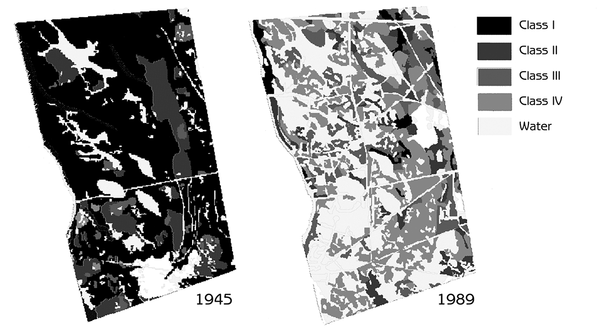 Figure 12.5 - A 110-square kilometre section of the estuary that experienced dramatic transformation of marsh to open water during the past 50 years (Leeville, Louisiana) Note: 'Water' in the map is canals and open water. 'Class 1' marsh has the least water and 'Class IV' marsh has the most water Source: BTNEP (1995) Saving Our Good Earth: A Call to Action. Barataria-Terrebonne estuarine system characterization report, Barataria- Terrebonne National Estuary Program, Thibodaux, Louisiana