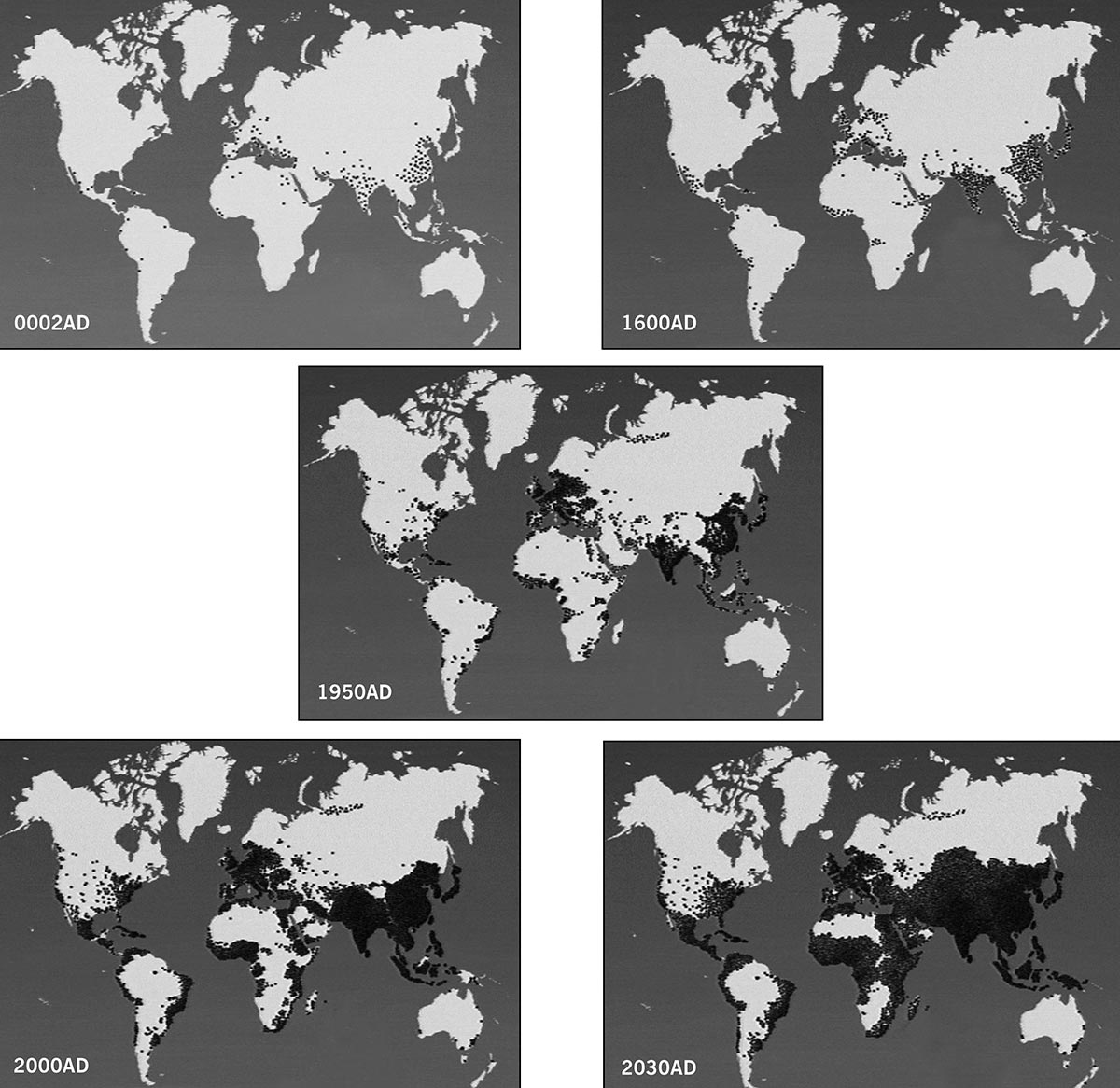 Figure 3.2 - Growth and geographic distribution of the human population during the past 2000 years Source: 'World Population' video, Zero Population Growth, Washington, DC Note: Each dot represents one million people.