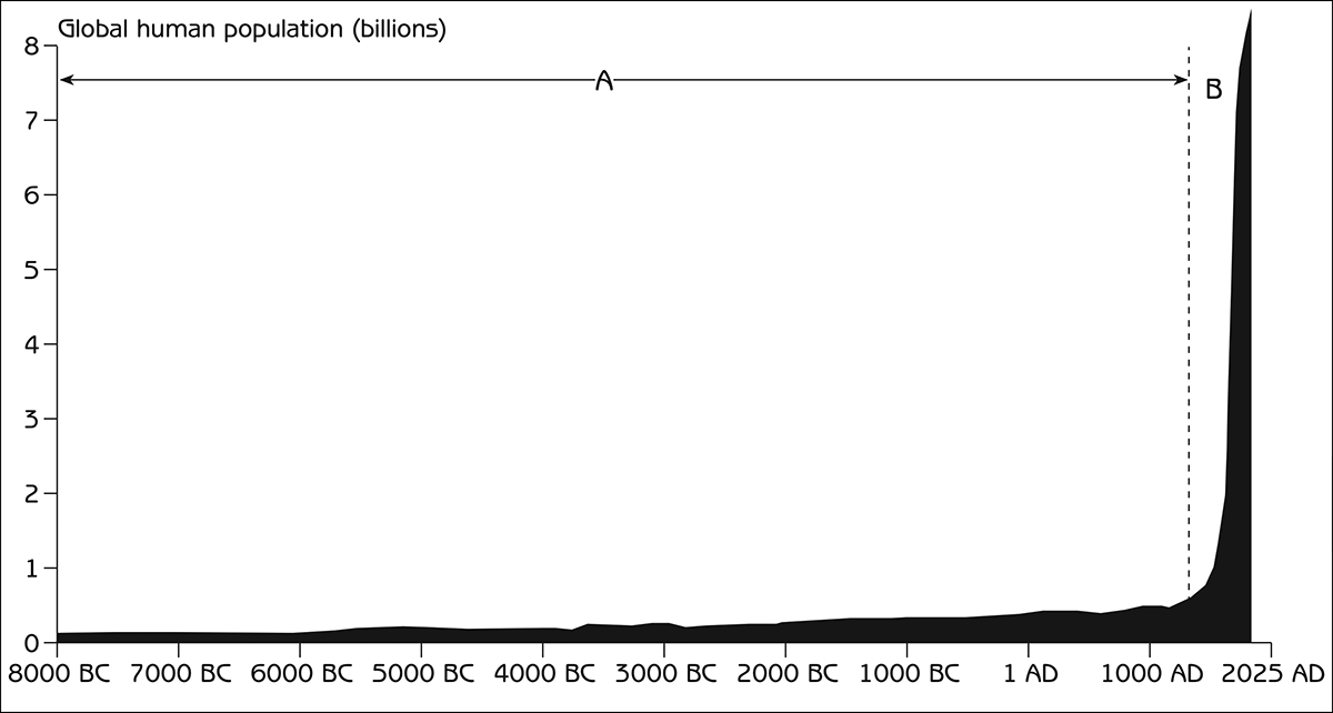 Figure 3.5 - Ten thousand years of human population growth Source: Adapted from Population Reference Bureau (1984) World Population: Fundamentals of Growth, Population Reference Bureau, Washington, DC