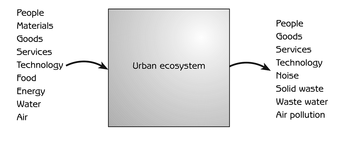 Figure 5.4 - Inputs and outputs of materials, energy and information with urban ecosystems