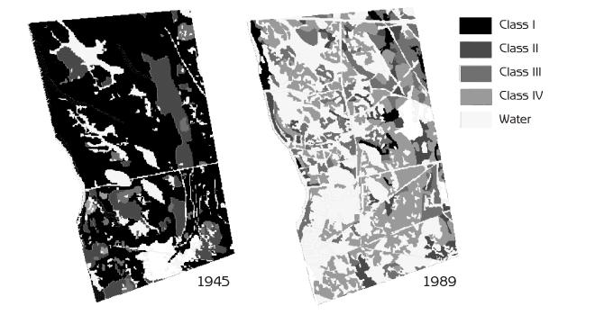 Figure 12.5 - A 110-square kilometre section of the estuary that experienced dramatic transformation of marsh to open water during the past 50 years (Leeville, Louisiana) Note: 'Water' in the map is canals and open water. 'Class 1' marsh has the least water and 'Class IV' marsh has the most water Source: BTNEP (1995) Saving Our Good Earth: A Call to Action. Barataria-Terrebonne estuarine system characterization report, Barataria- Terrebonne National Estuary Program, Thibodaux, Louisiana