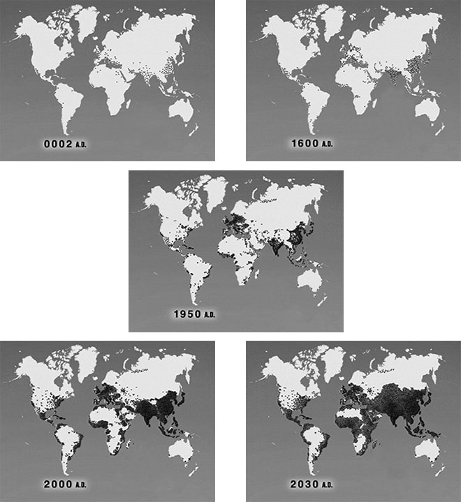 Figura 3.2 Crecimiento y distribución geográfica de la población humana durante los últimos 2,000 años. Fuente: Video “World Population” Zero Population Growth, Washington, DC. Nota: cada punto representa un millón de personas.
