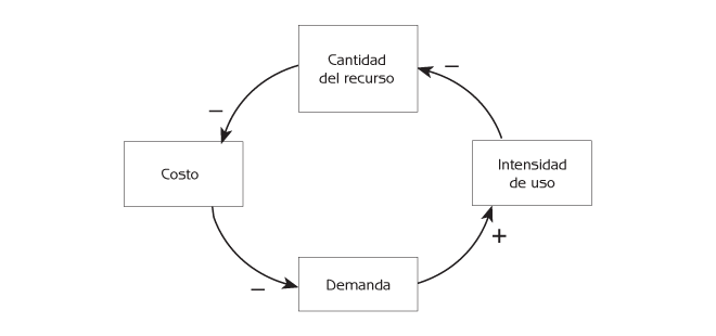 Figura 8.12 El control del uso de recursos por la oferta y la demanda. Nota: Las flechas negativas indican efectos negativos: si el abasto del recurso aumenta, disminuye el precio; si el abasto del recurso disminuye, aumenta el precio. Las flechas positivas indican efectos positivos: si aumenta la demanda, aumenta la intensidad de uso; si la demanda disminuye, disminuye la intensidad de uso.