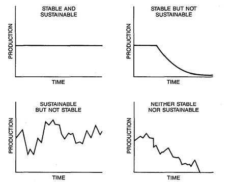 Figure 2 - The meaning of stability and sustainability in terms of the time course of production.