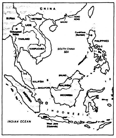 Figure 1 - Location of the Philippine Cordillera, West Java, and Chiangmai Valley in Southeast Asia.